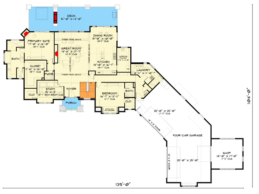 Plan 520003RKY: Craftsman Ranch House Plan with Timber-Trussed Vaulted Ceiling - 4041 Sq Ft - Floor Plan - Main Level - Craftsman, Mountain