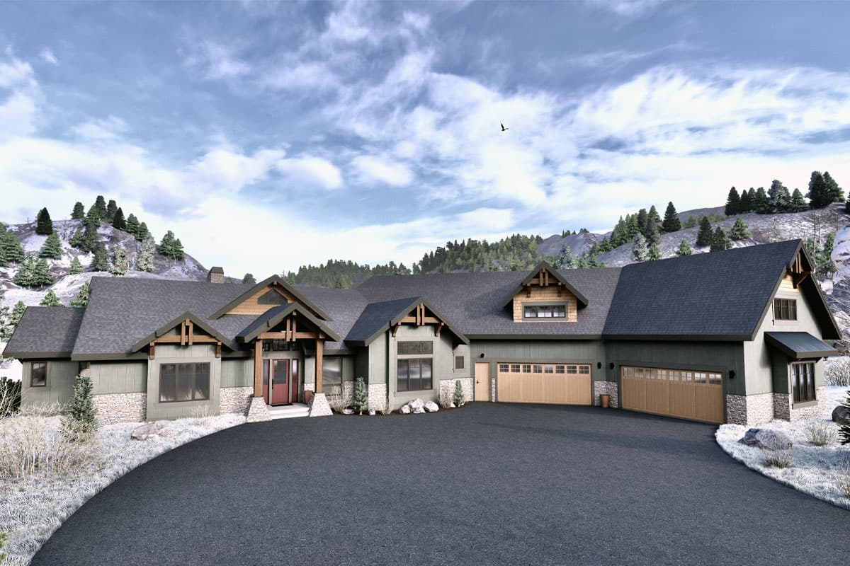 House plan exterior with Craftsman style, single story, and multiple gables. Features include a covered porch, stone accents, and attached garage.