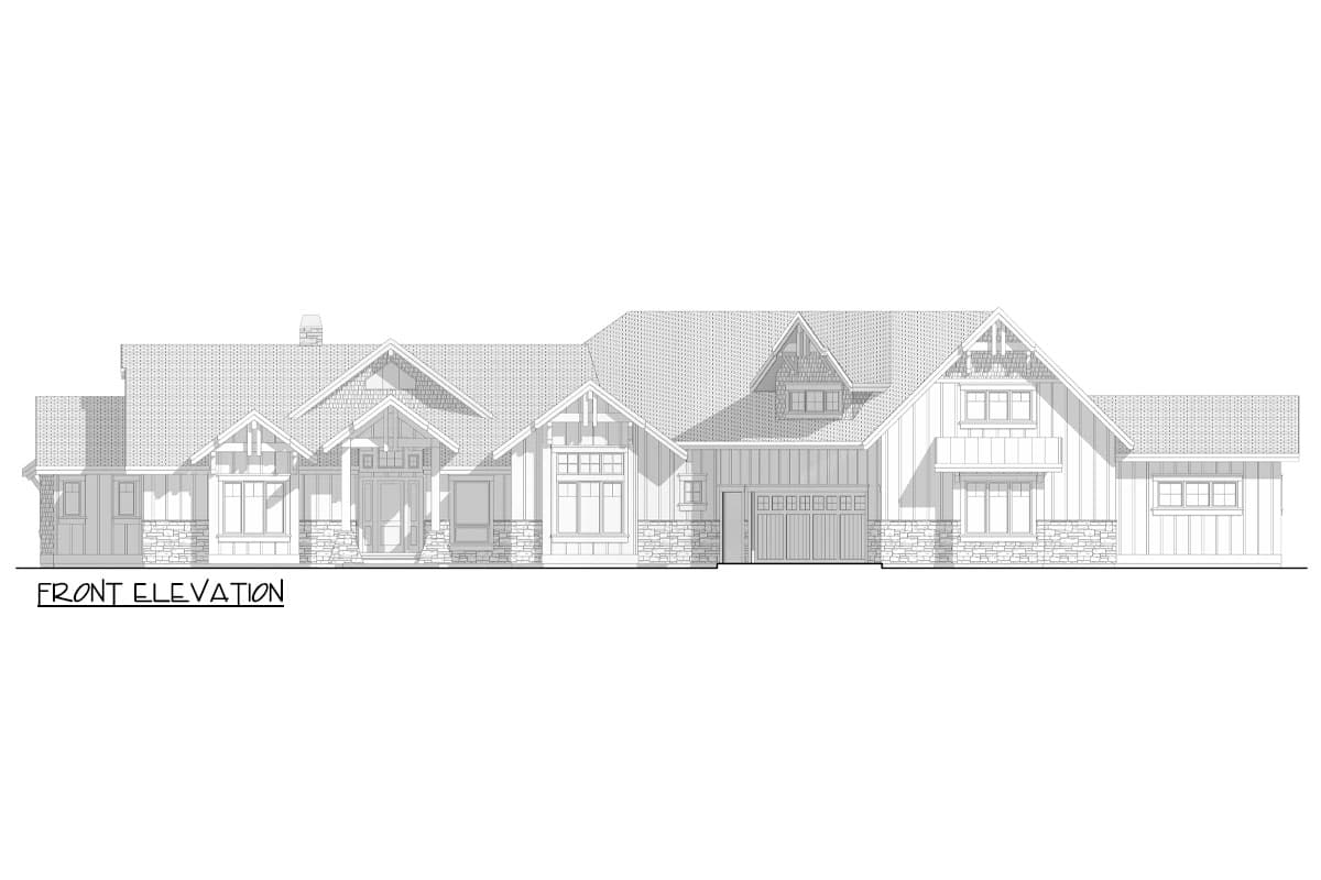 Front elevation drawing of a Craftsman-style house with gables, stone accents, and a three-car garage.