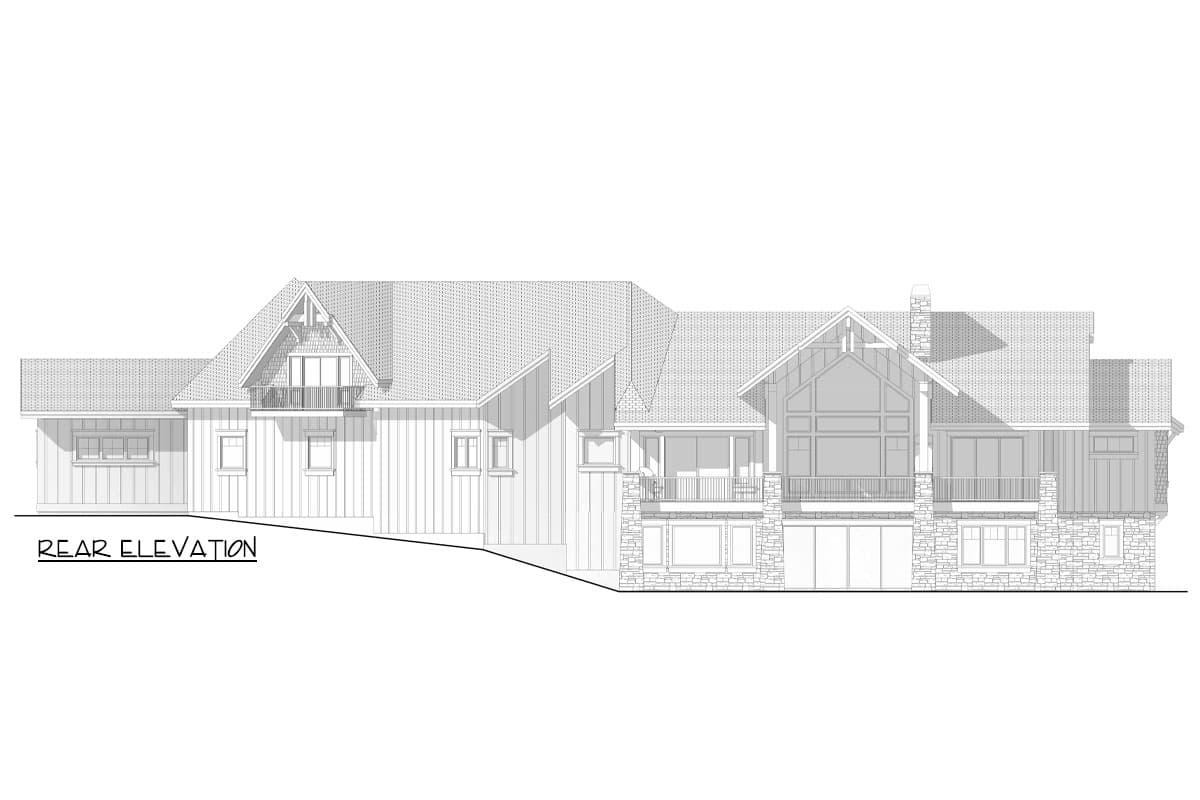 Rear elevation of house plan showing a multi-story structure with gables, balconies, stone accents, and large windows.