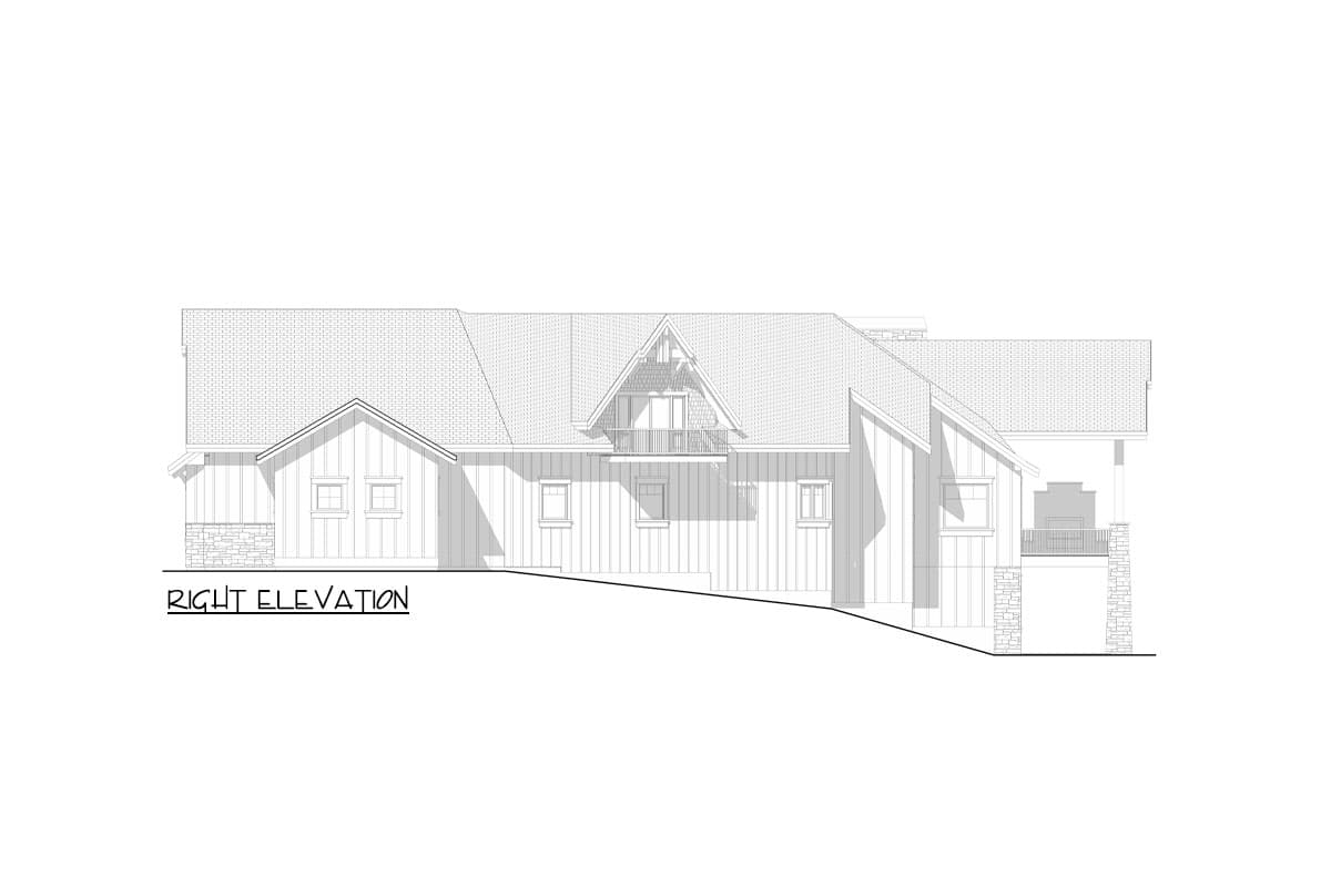 Right elevation drawing of a house plan featuring gables, dormers, stone accents, and a covered porch.