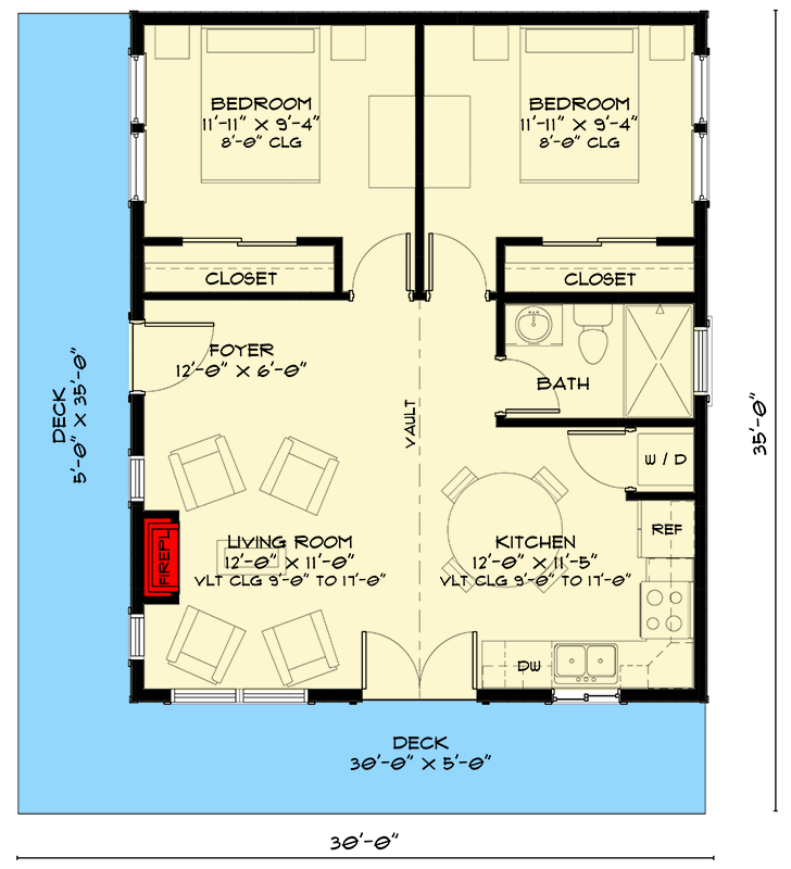 Plan 520004RKY: Two Bedroom ADU House Plan with Vaulted Ceiling and Lots of Light - 753 Sq Ft - Floor Plan - Main Level - Cottage, Country, Traditional, Vacation
