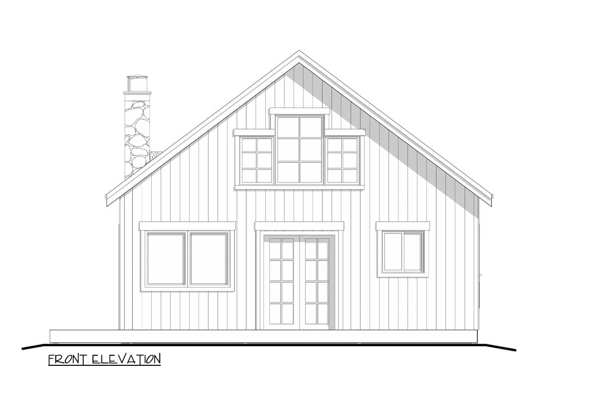 Front elevation of a house plan featuring a gabled roof, stone chimney, double doors, and multiple windows.