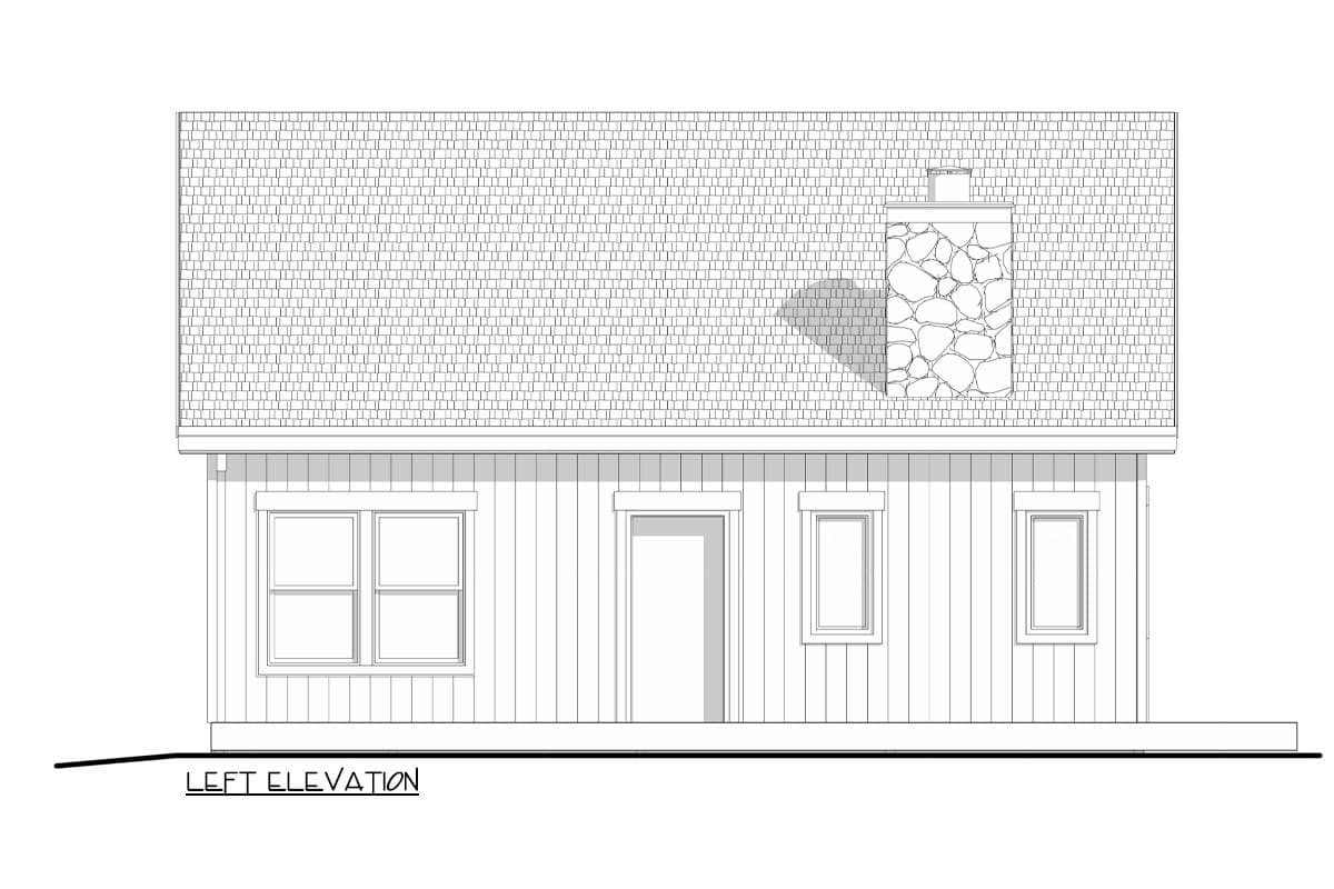Left elevation house plan drawing with shingled roof, stone chimney, clapboard siding, one door, and three windows.