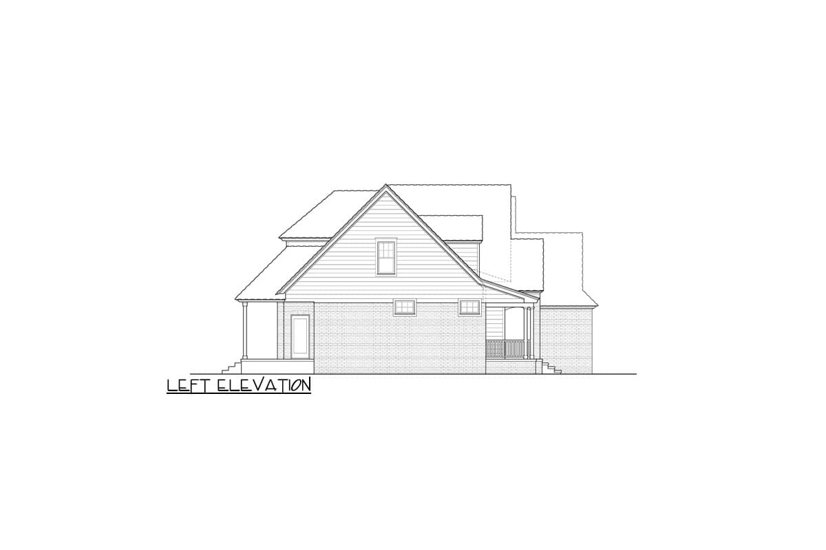 Left elevation house plan showing a two-story home with gabled roof, brick and siding, and front and rear porches.