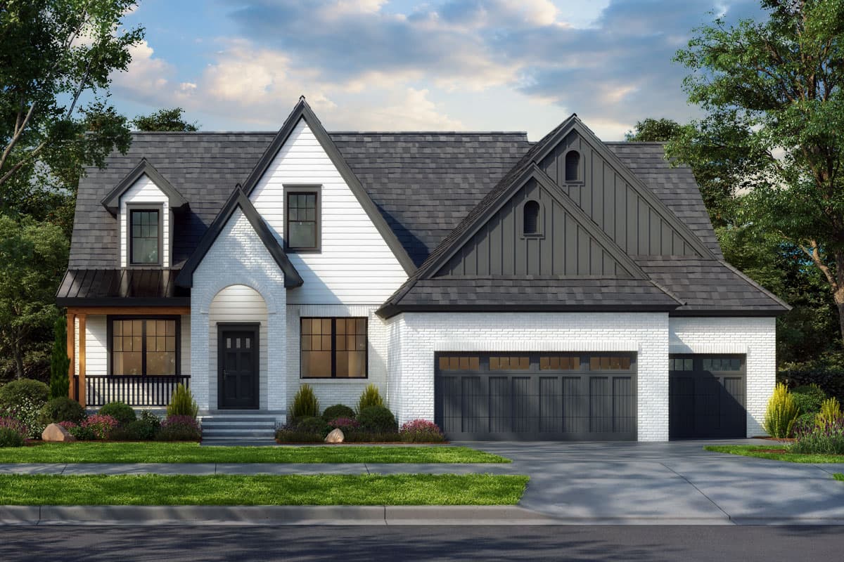 House plan exterior. Two-story Modern Farmhouse with gables, dormers, and a three-car garage. Features include brick and vertical siding.