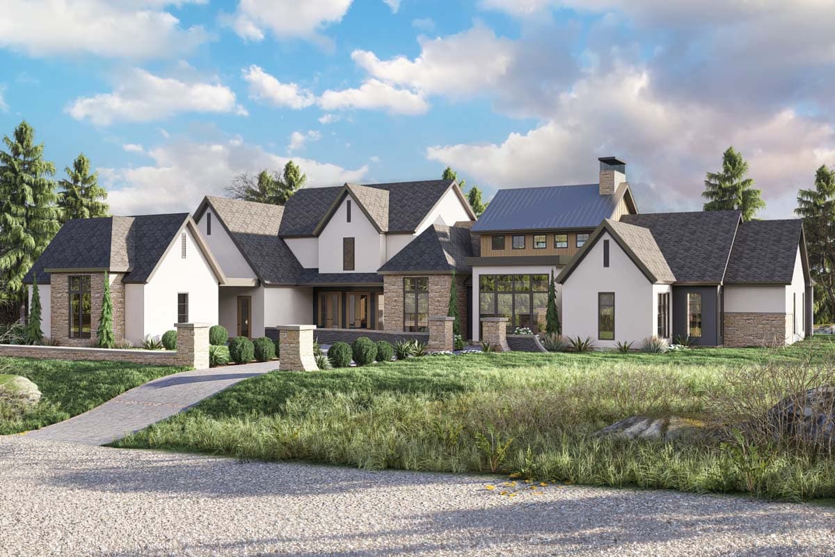 House plan exterior. Modern farmhouse style with gabled roof, stone accents, and large windows. Includes a long driveway and mature landscaping.