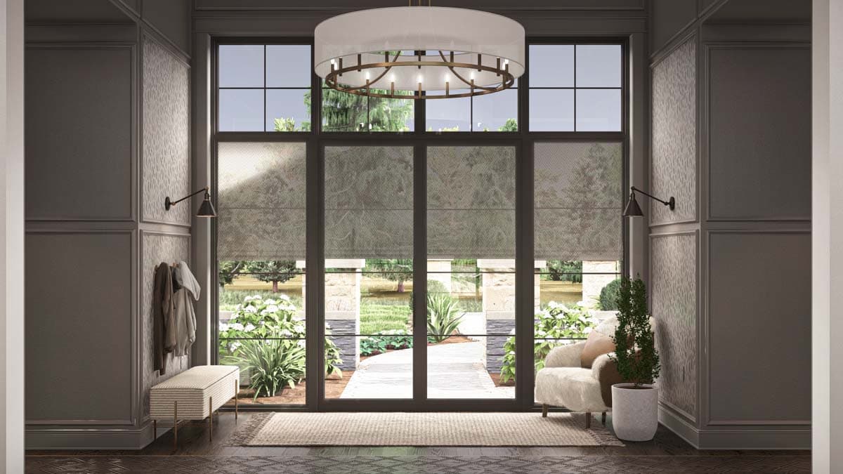 Modern entryway with floor-to-ceiling windows, paneled walls, bench, and chandelier.