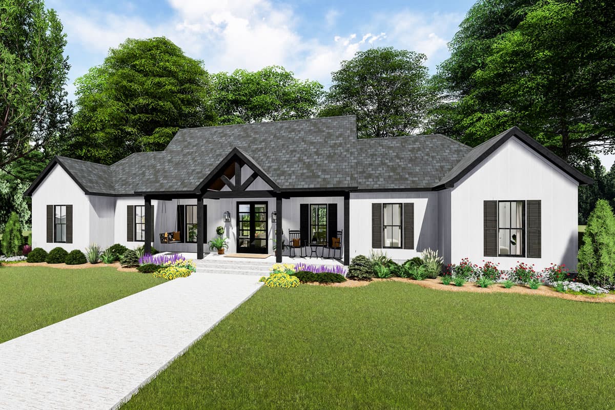 House plan exterior: Ranch style, one story, with a covered front porch featuring a swing, gabled entrance, and double front doors.