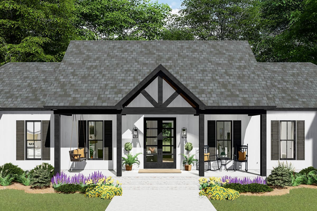 Modern Farmhouse house plan exterior with a covered porch, gable with exposed beams, and double front doors.