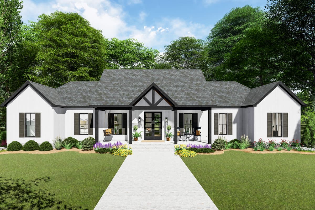 House plan exterior. Modern Farmhouse style, one-story. Features include a porch with swing, gabled roof, and black framed windows with shutters.