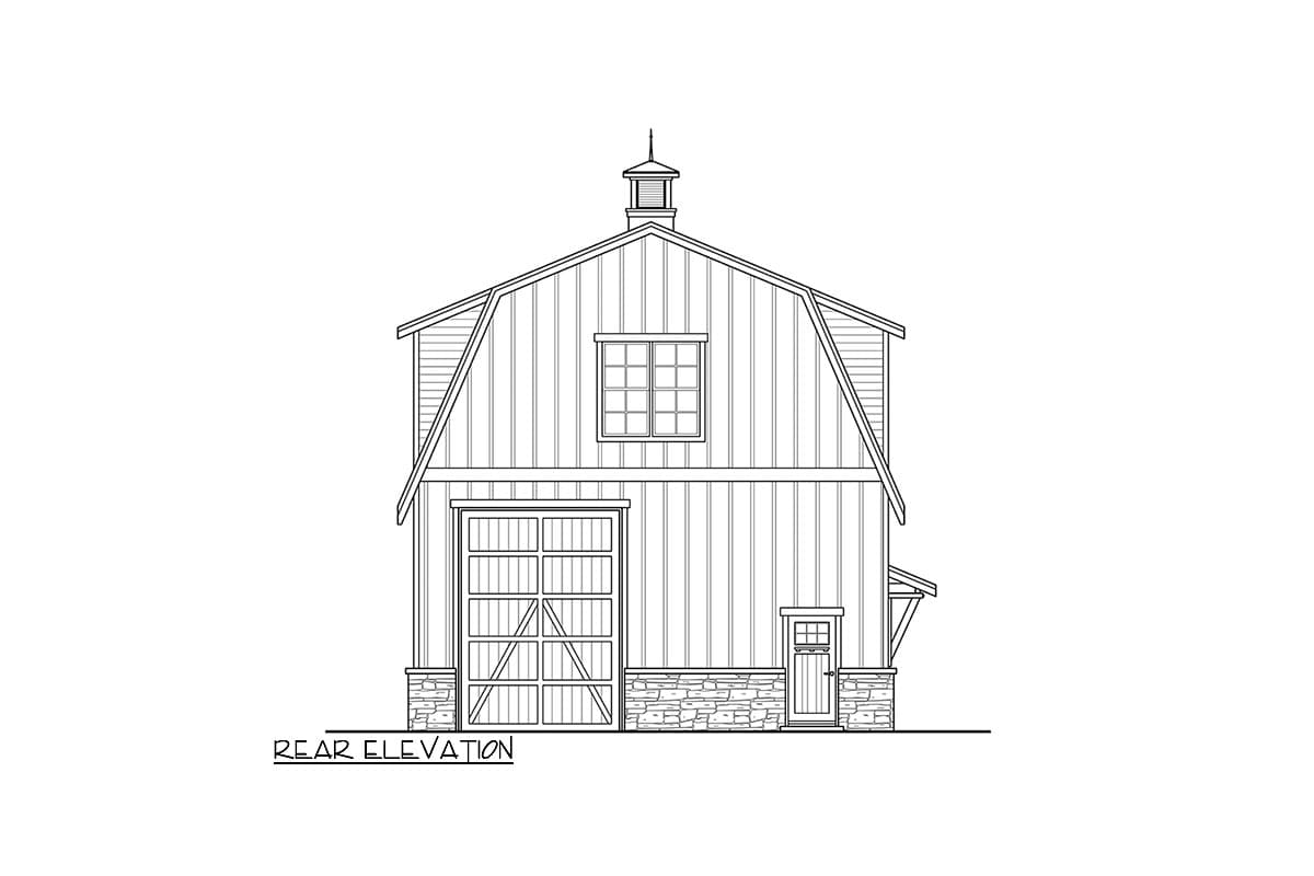 Rear elevation drawing of a barn-style house with gambrel roof, large overhead door, window, and cupola.