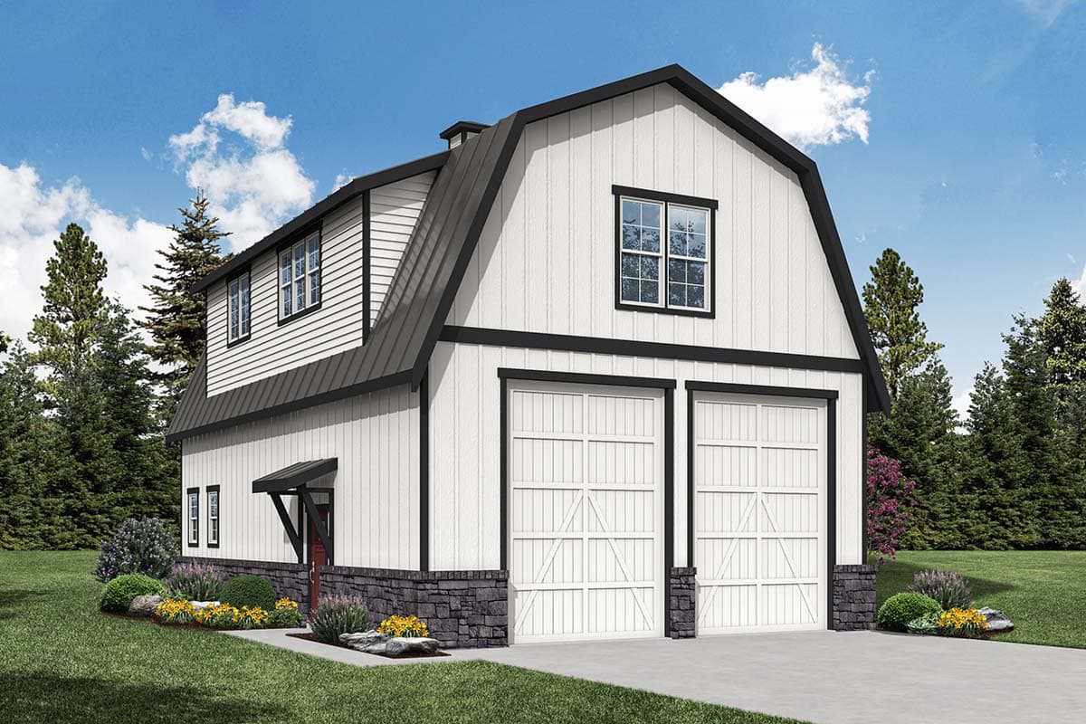 House plan exterior with two-story barn style. Features include a gable roof, two-car garage, and a shed-style entry porch.