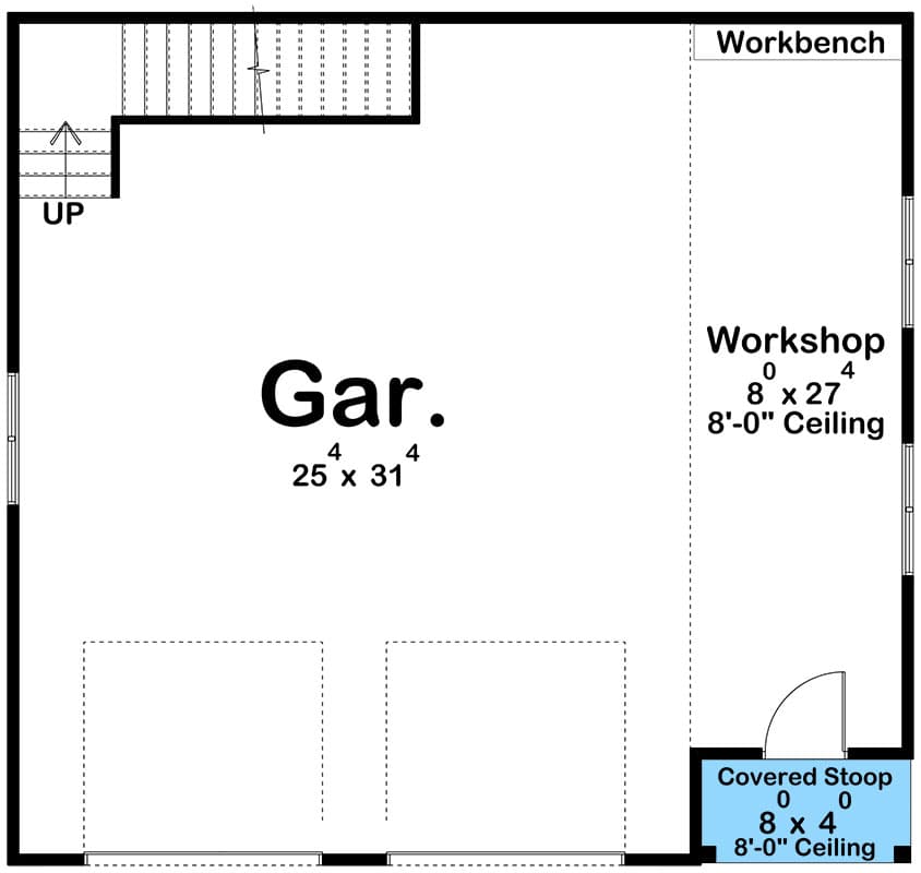 Plan 623372DJ: 2-Bay Garage Plan with Workshop - 1057 Sq Ft - Floor Plan - Main Level - Farmhouse