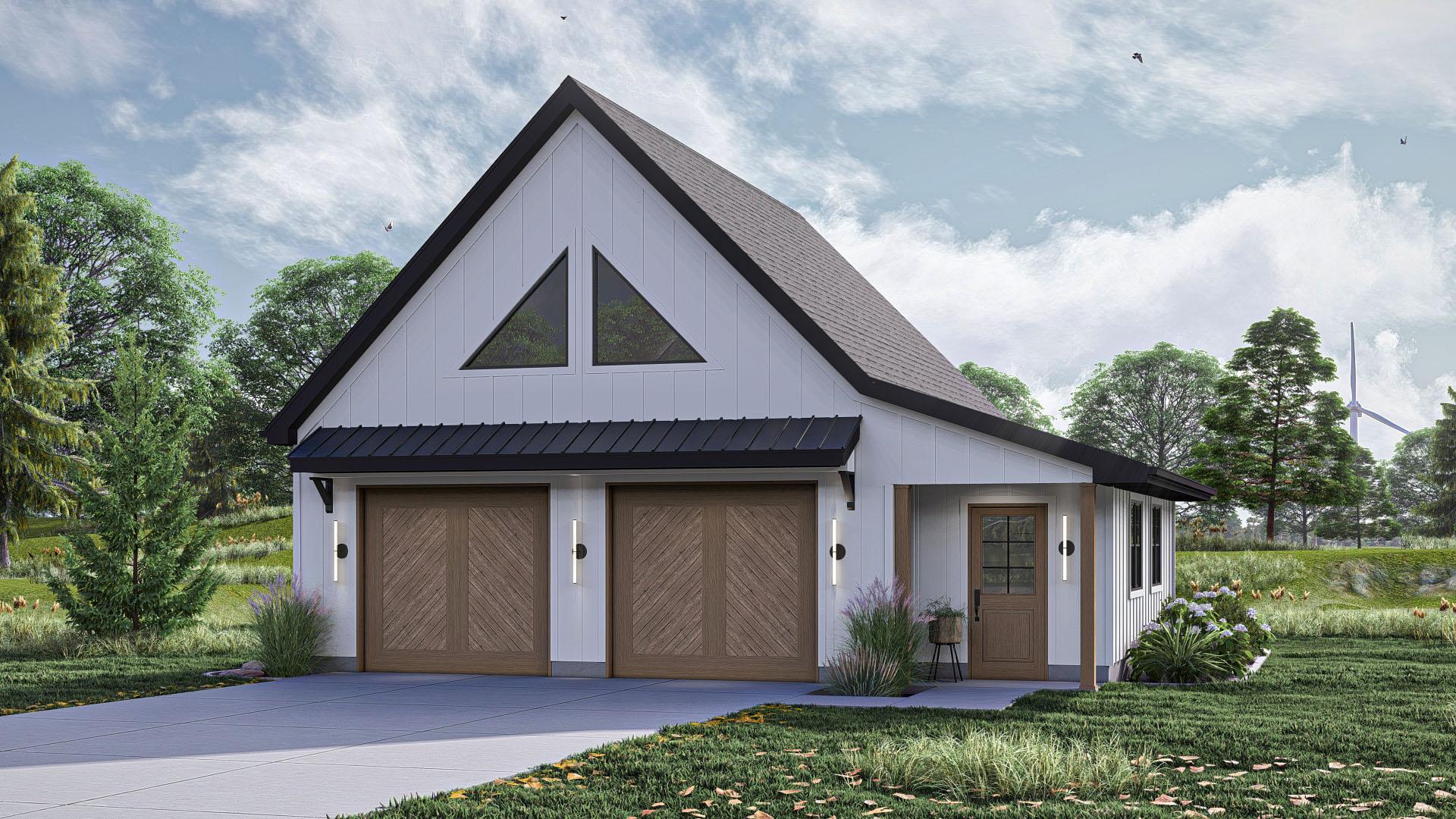 Modern Farmhouse house plan exterior with a steeply pitched gable roof, twin garage doors, and triangular attic windows.
