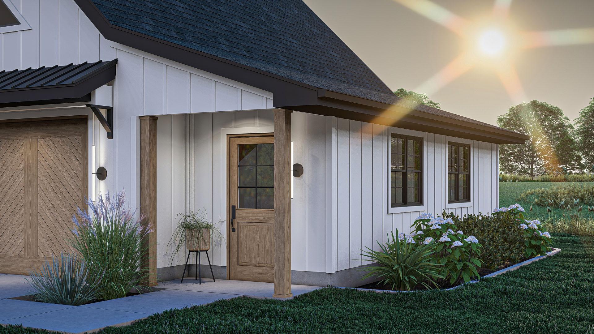 Modern Farmhouse house plan exterior with white board-and-batten siding, gable roof, wood garage door, and covered entry.