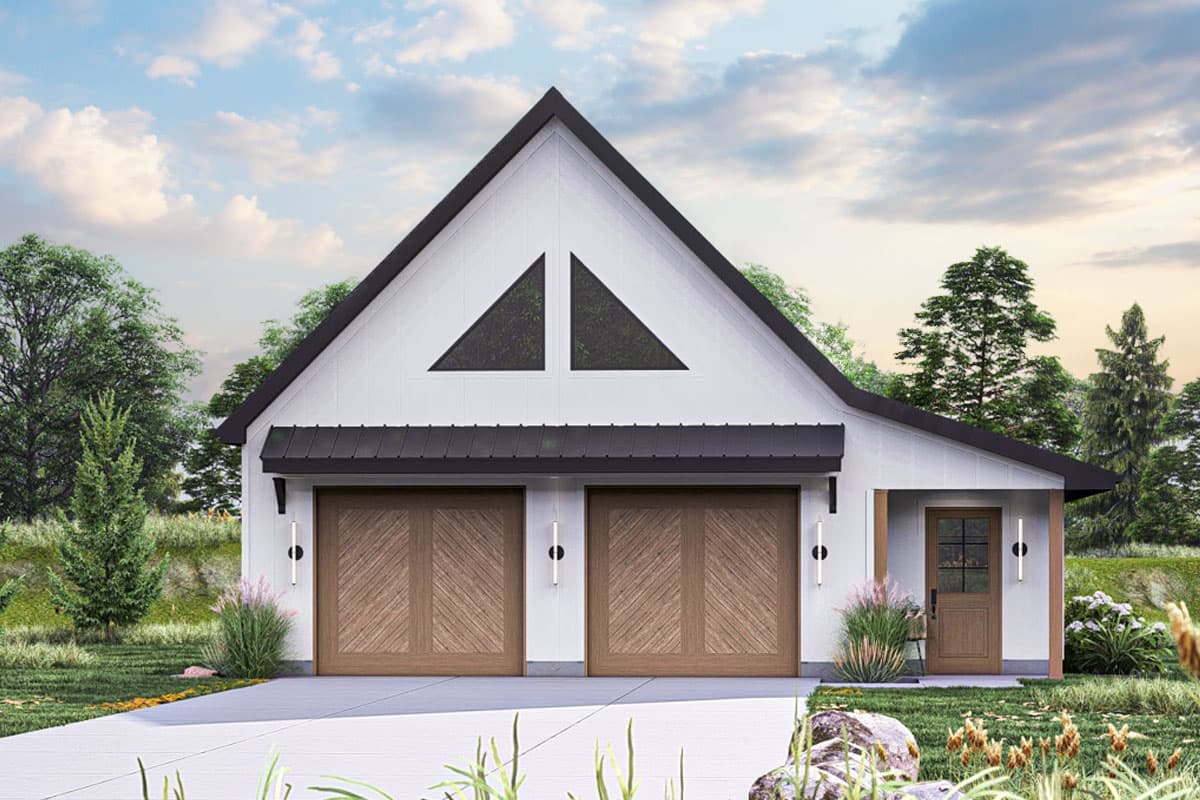 House plan exterior. Modern Farmhouse style with a two-car garage, gable roof, and contrasting black metal roof. Includes a covered entry.