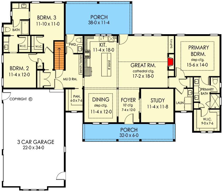 Plan 790158GLV: 3-Bed Modern Farmhouse Plan with Formal Dining and Jack and Jill Bath - 2305 Sq Ft - Floor Plan - Main Level - Country, Modern Farmhouse, New American