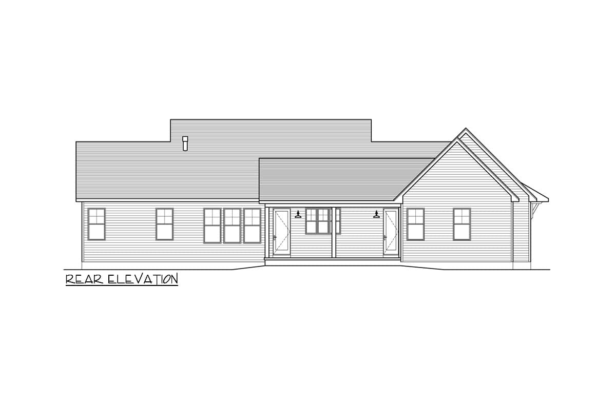 Rear elevation drawing of a house plan with a covered porch, gabled roof, and horizontal siding.