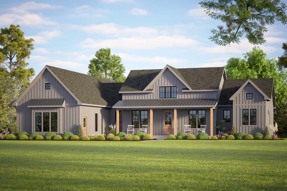 House plan exterior. Two-story Modern Farmhouse with a gabled roof, a covered porch, and board-and-batten siding. Features multiple dormers.
