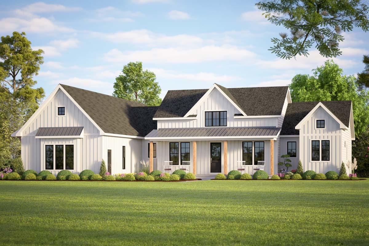 Modern Farmhouse house plan exterior with gables, a covered porch, and vertical siding.