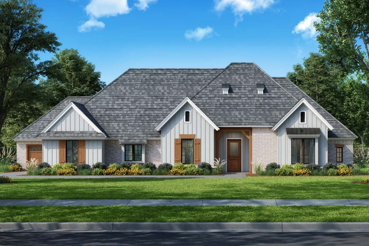 House plan exterior. Ranch style with a gabled roof, dormers, and a covered front entry. Features include shutters and brick accents.