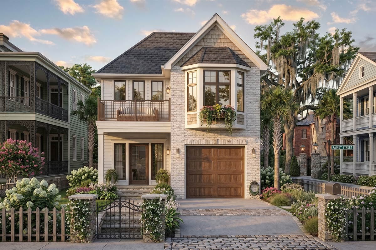 House plan exterior: Two-story home with white brick facade, bay window, second-story balcony, and attached garage.