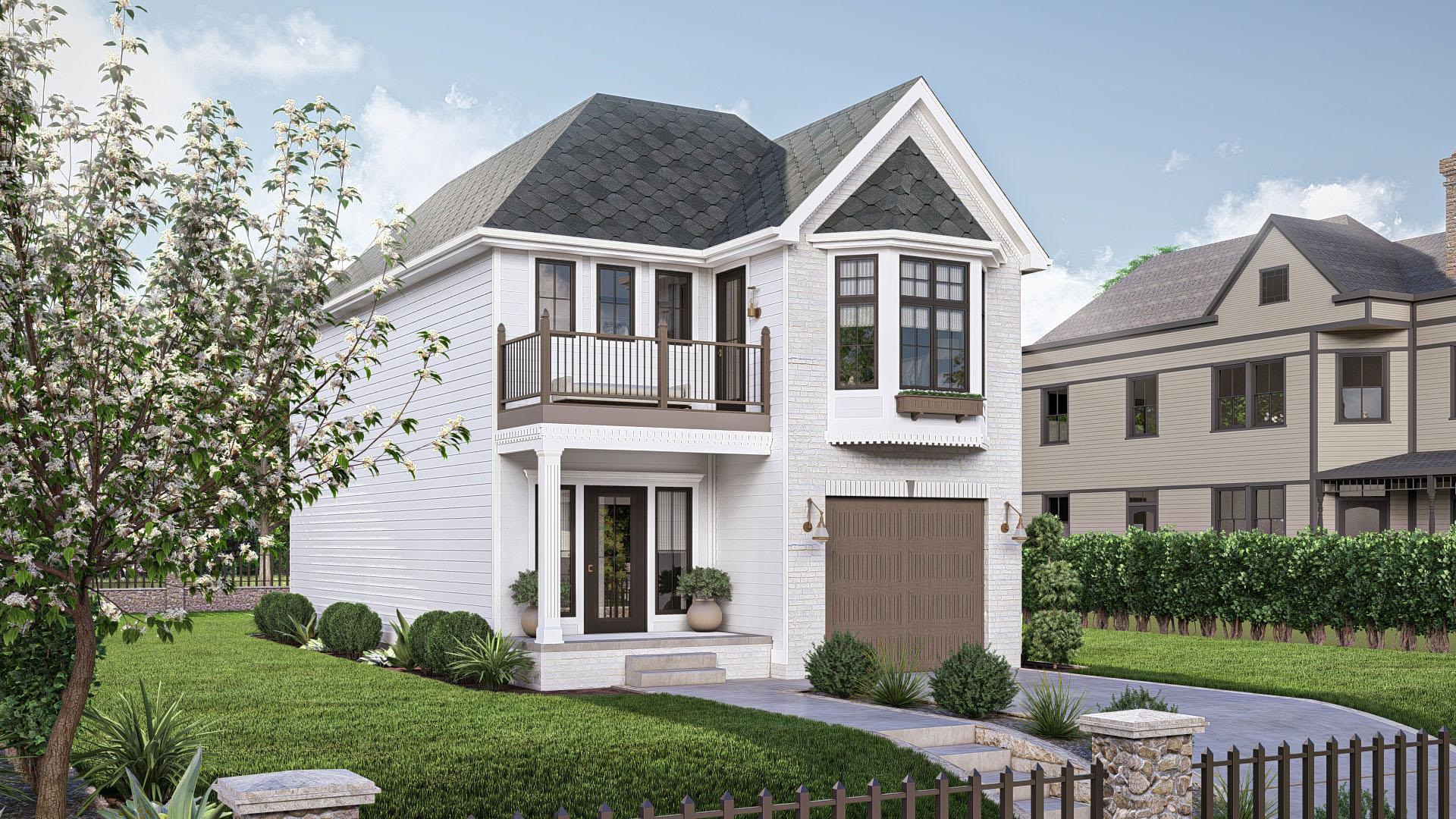 House plan exterior: two-story modern farmhouse with gabled dormers, second-story balcony, and front-facing garage.