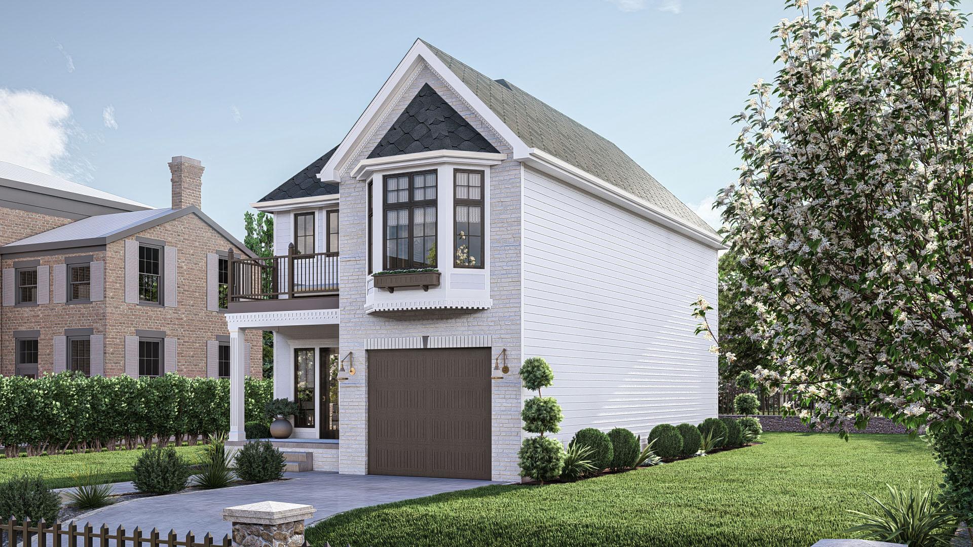 House plan exterior of a two-story modern home with a bay window, balcony, and single-car garage.