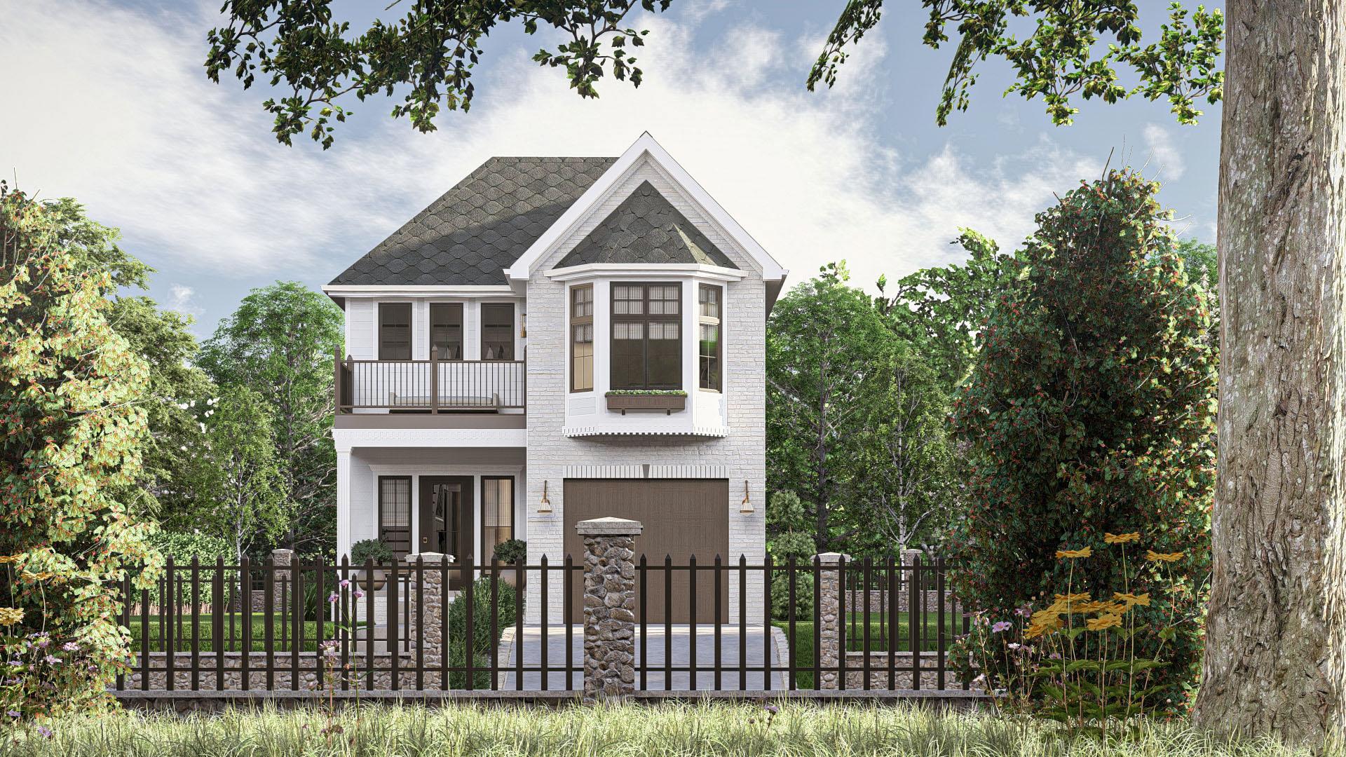 Two-story house plan exterior with bay window, balcony, gabled dormer, and attached garage.