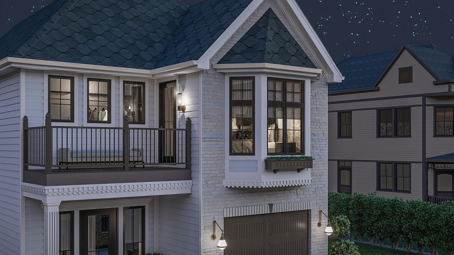 House plan exterior. Two-story home with white siding, brick accents, bay window, and second-story balcony with railing.