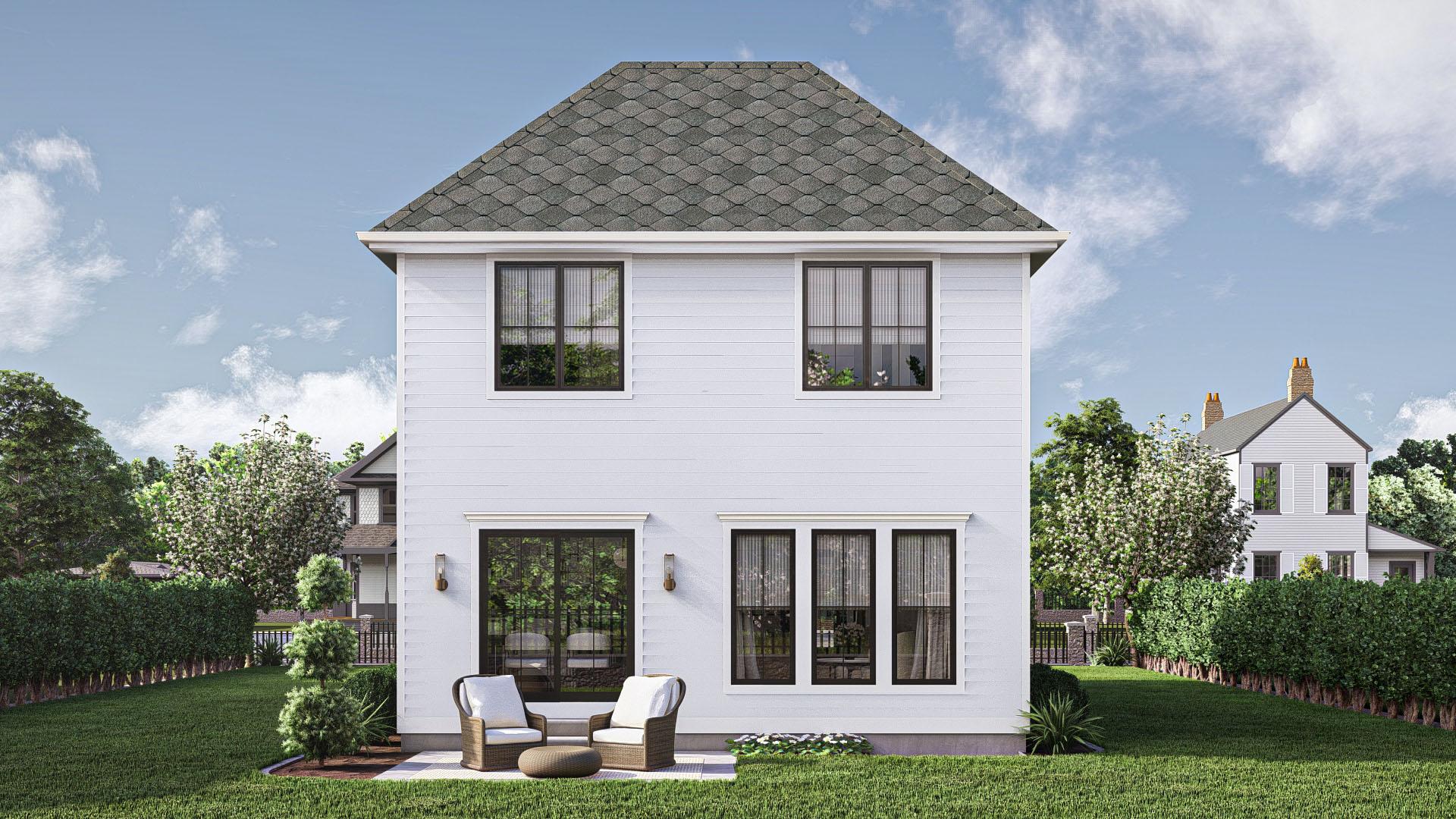 Two-story house plan exterior with white horizontal siding, prominent gabled roof, and multiple grid windows.