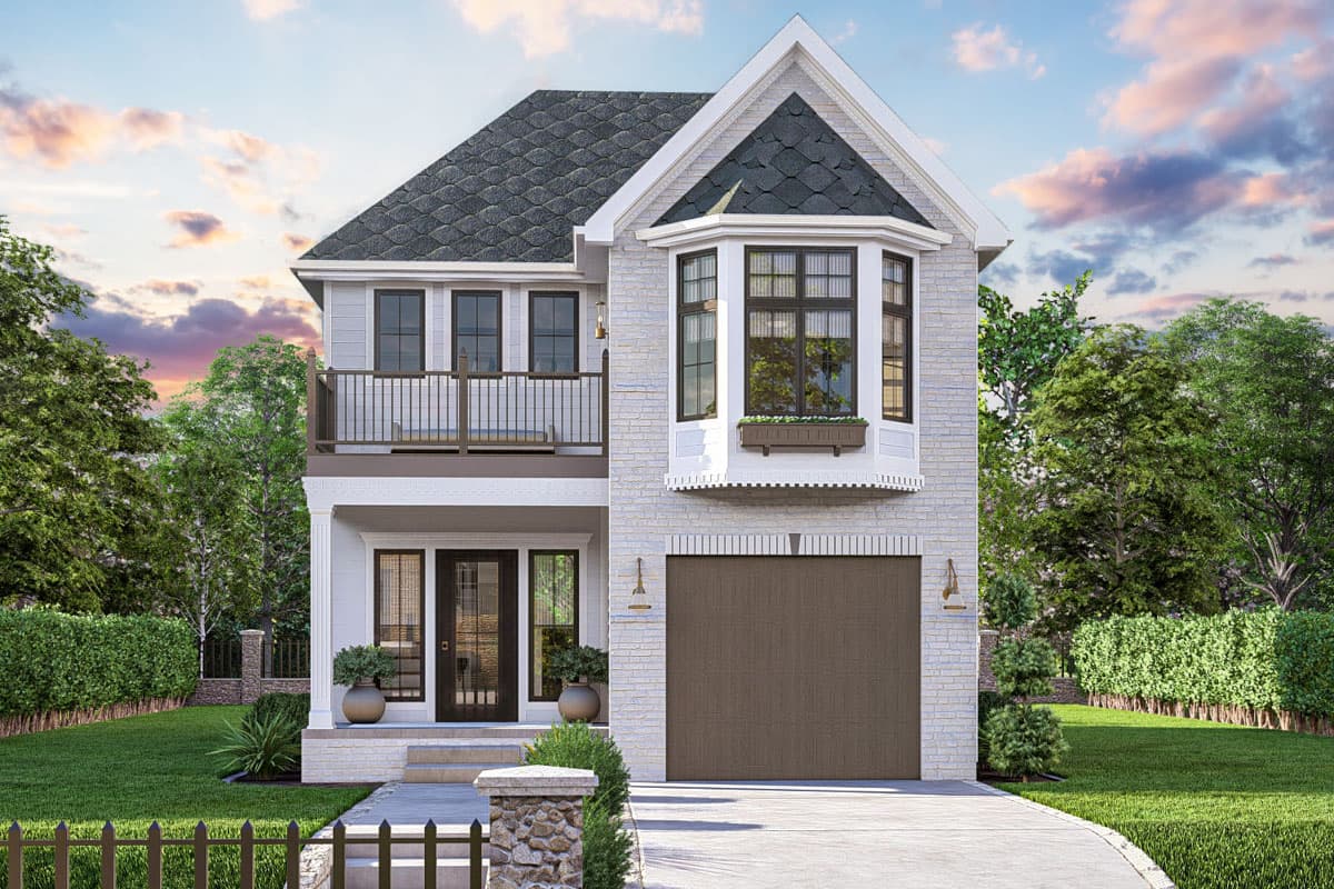 House plan exterior with two stories. Features include a gabled roof, a bay window, a balcony, and a front-facing garage.