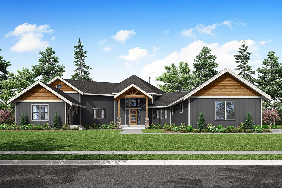 House plan exterior. Ranch style with a single story, front-facing gable, wood accents, and covered entry porch with timber frame details.