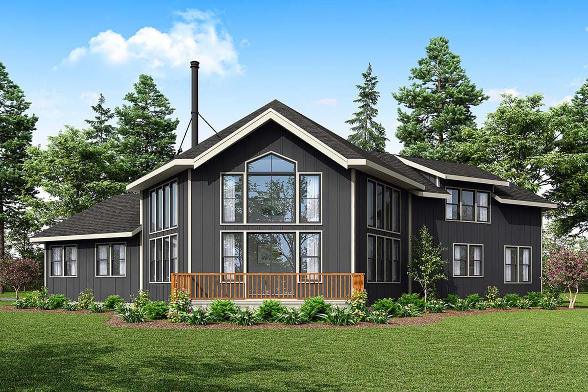 Modern house plan exterior with a prominent gable, a chimney, extensive vertical windows, and a deck.