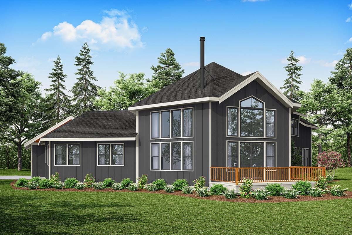 House plan exterior with gabled roof, vertical siding, multiple windows, and a large deck.