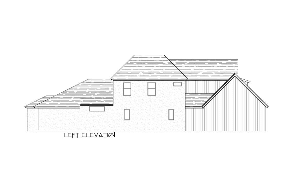 Left elevation of a house plan showing a two-story main section with varied rooflines, multiple windows, and a side-facing garage.