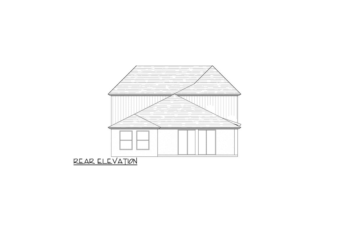 Rear elevation drawing of a two-story house with intersecting gables, siding, two windows, and sliding glass doors.