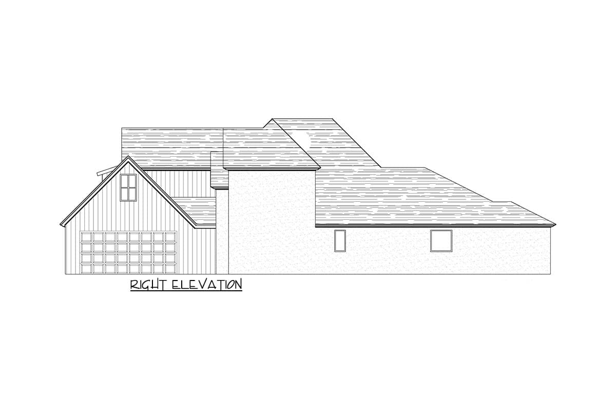 Right elevation house plan drawing with a gabled garage, vertical siding, and multiple roof lines.