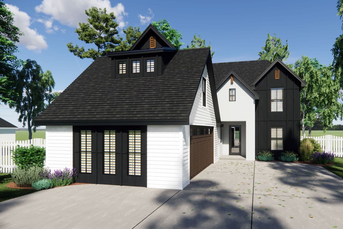 Modern Farmhouse house plan exterior with white siding, black vertical board and batten, gables, and dormers.