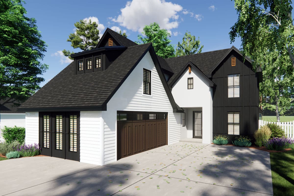 House plan exterior featuring Modern Farmhouse style with a two-story structure, multiple gables, dormers, and a detached garage.