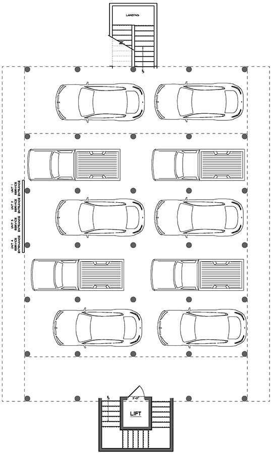 Plan 461044DNN: 3-Story Quadplex Multi-Family Beach House Plan with Four 1-Bed Units - Floor Plan - Ground Level Parking