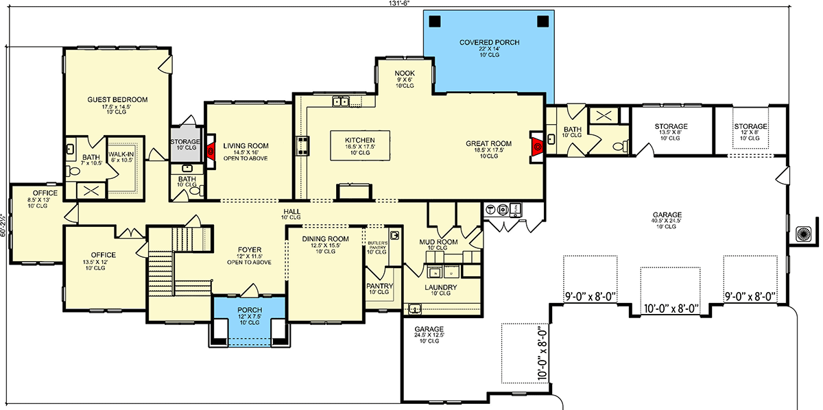 Plan 580111DFT: 5-Bed New American House Plan with Two Home Offices and Bonus Room - 5595 Sq Ft - Floor Plan - Main Level - New American, Transitional