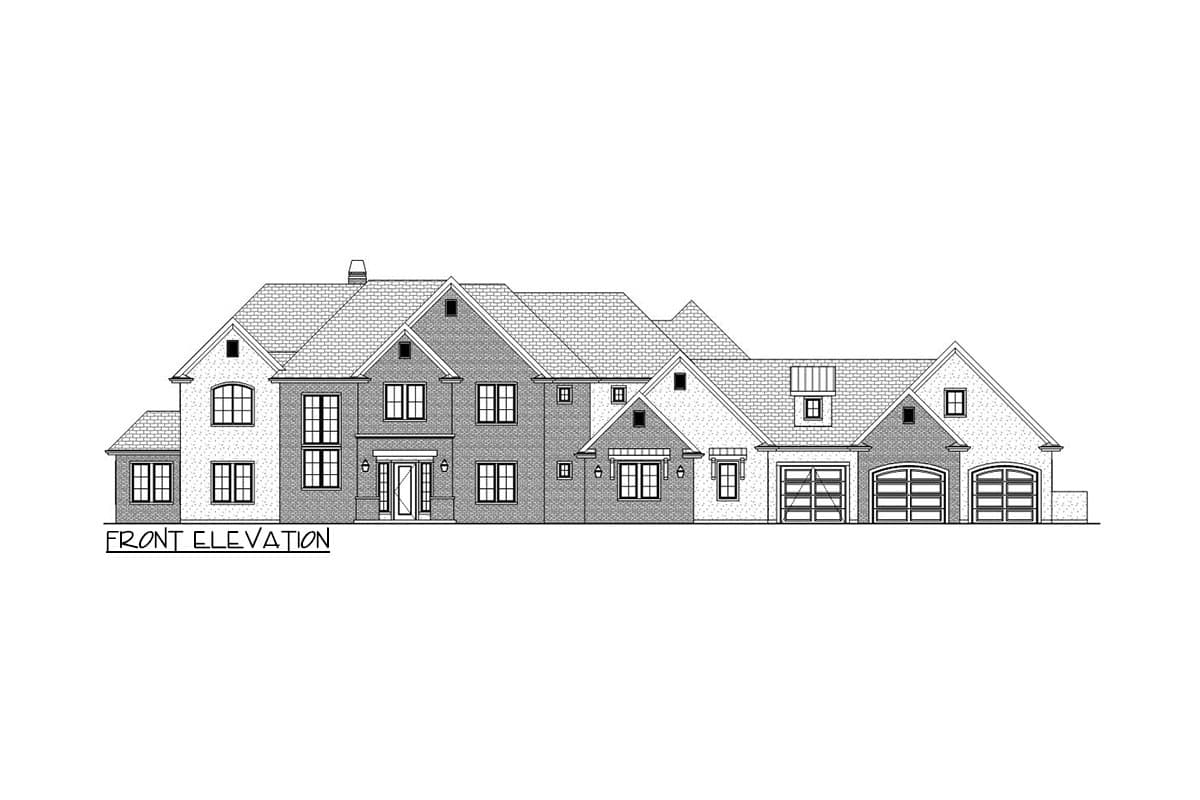 Front elevation drawing of a two-story house with a four-car garage, multiple gables, and varied rooflines.
