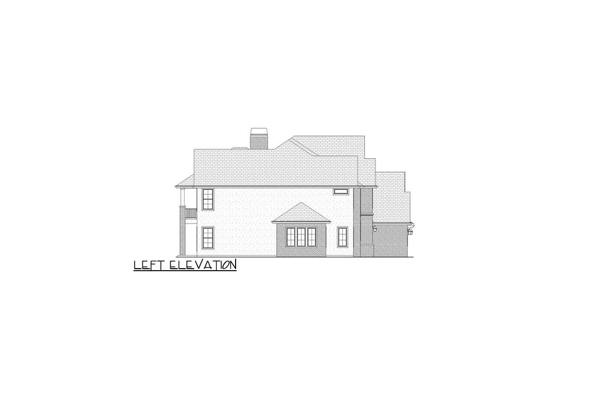 Left elevation house plan shows a two-story structure with a prominent hip roof, multiple gables, and a brick exterior.