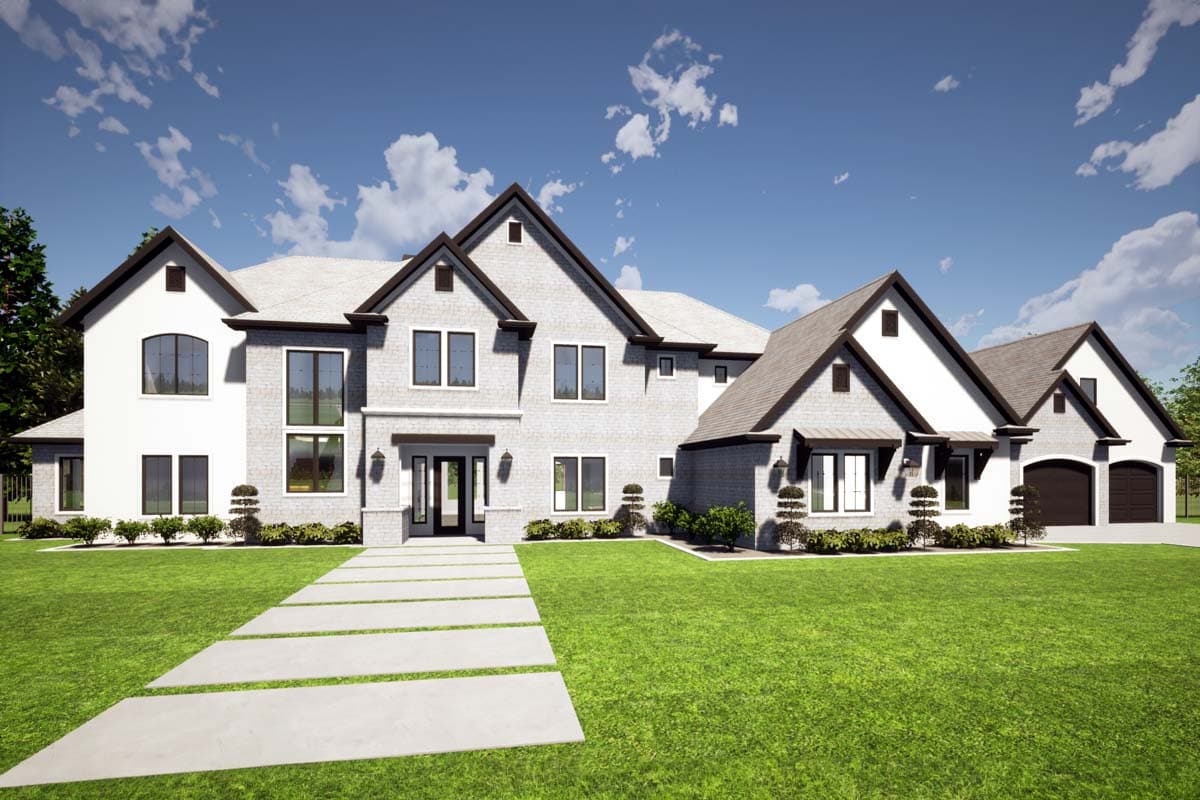 House plan exterior with two stories, multiple gables, and a mix of brick and siding. Features include a covered entry and attached garage.