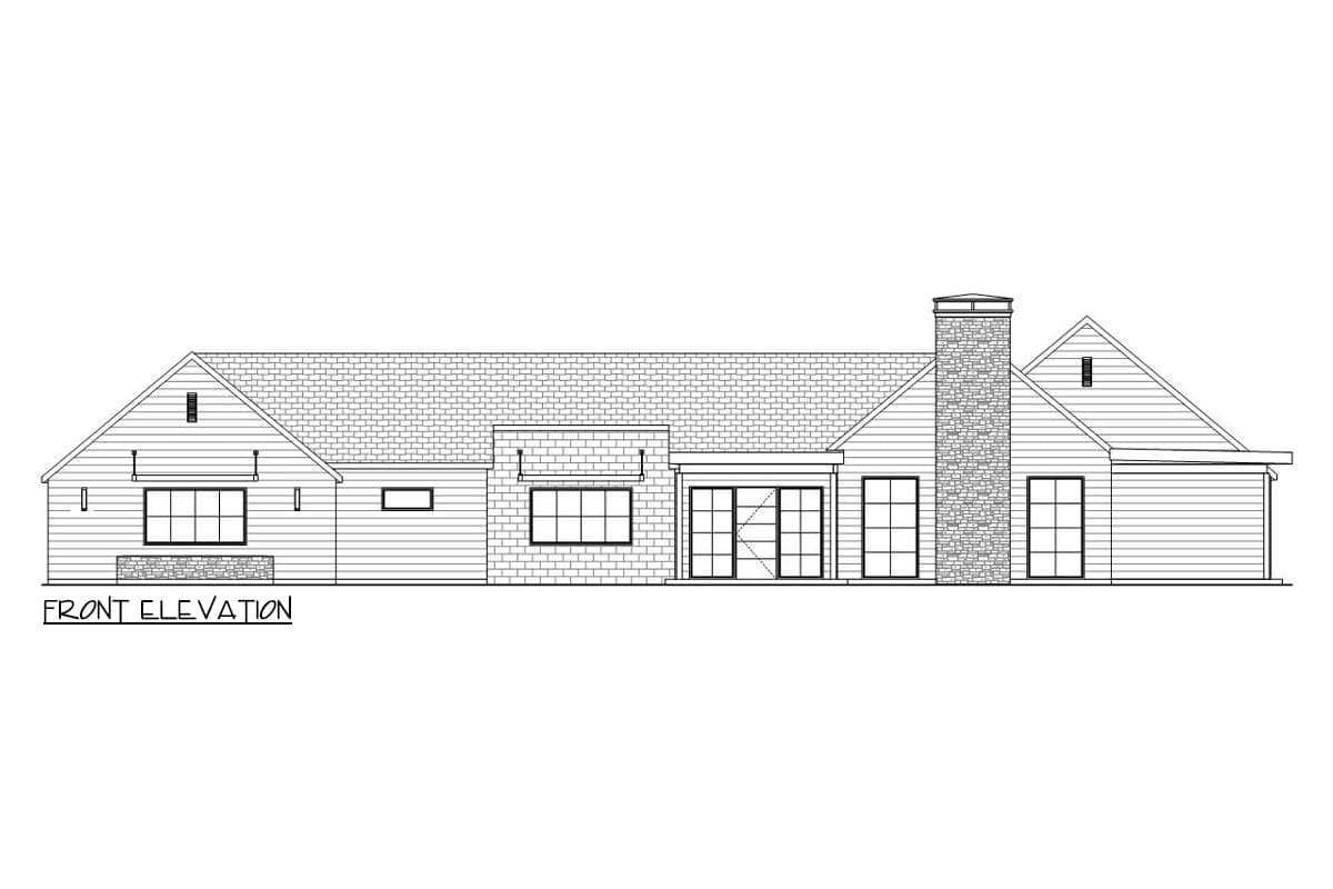 Front elevation drawing of a single-story house plan with a gabled roof, stone chimney, and multiple window configurations.