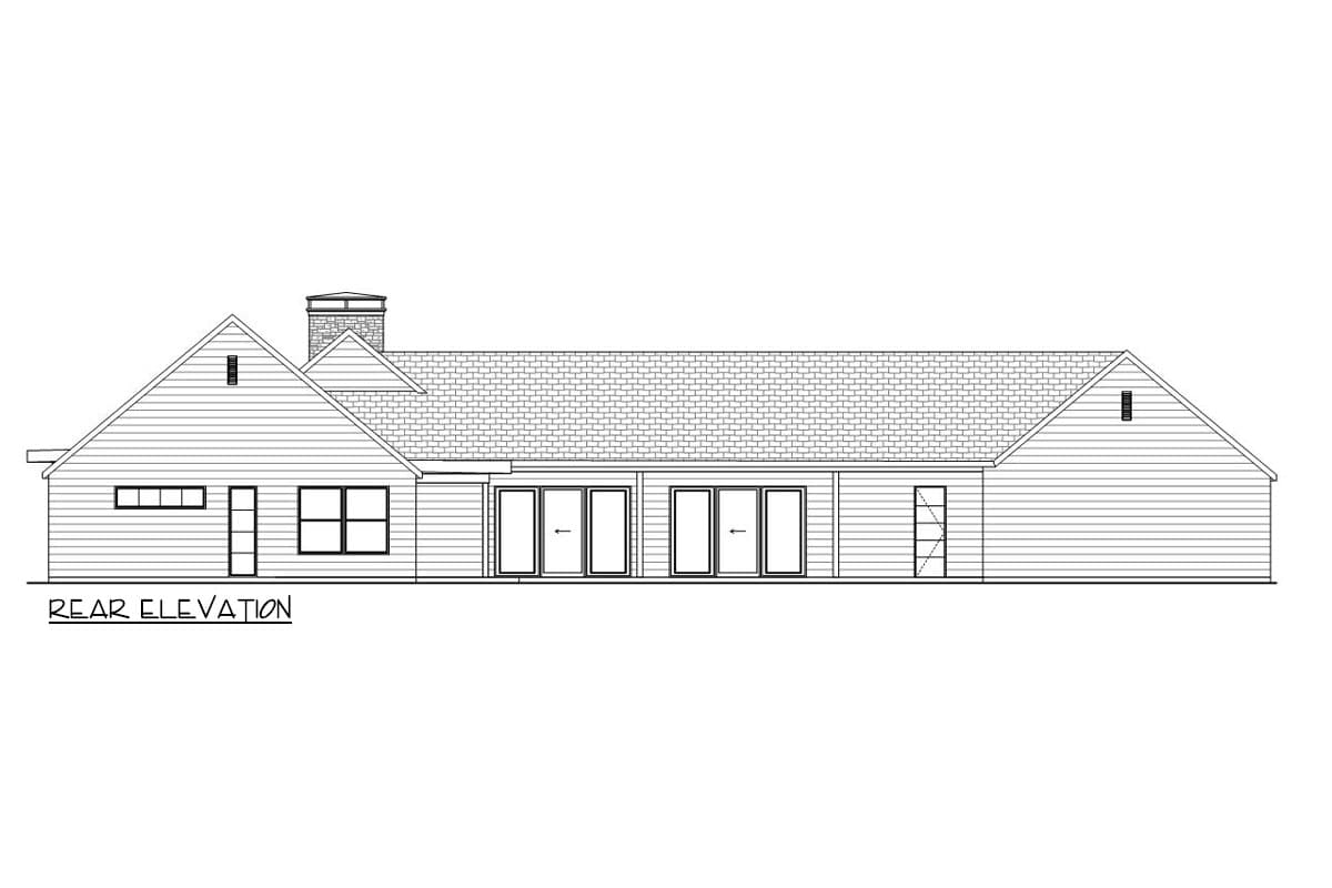 Rear elevation of a single-story house plan featuring a gabled roof, horizontal siding, a prominent chimney, and multiple glass doors.