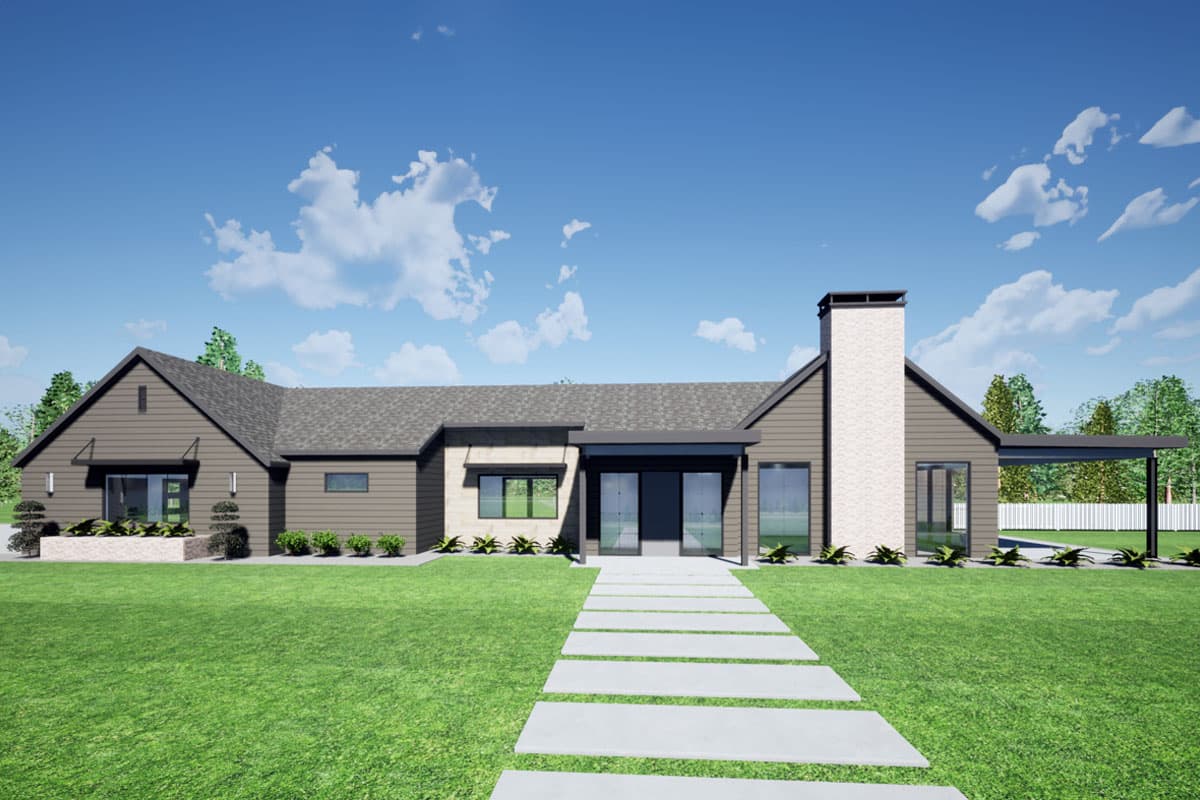 House plan exterior. Modern farmhouse style with gabled roof, covered porch, and a prominent chimney. One-story home with siding and large windows.