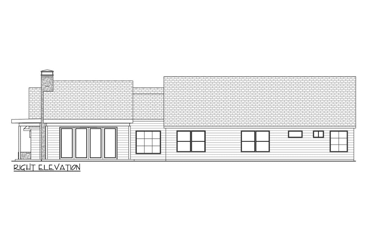 Right elevation of a house plan showing a brick chimney, multi-panel doors, and various windows.